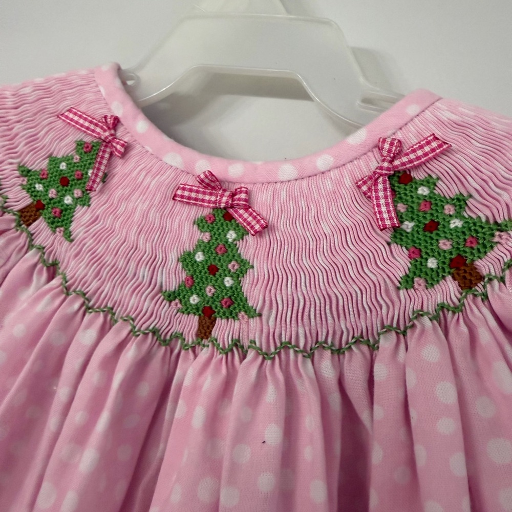 Southern Sunshine Kids Size Girl’s 3 Pink and White Smocked Christmas Tree Dress - Picture 2 of 5